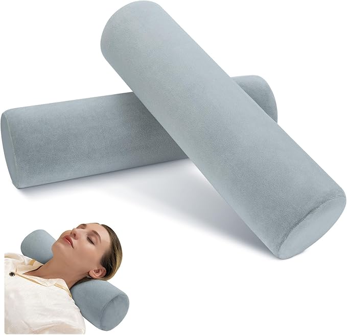 2 Pack Cervical Neck Pillow Roll Memory Foam Support Round Pillows for Pain Relief Sleeping, Bed, Legs, Back and Yoga Grey 17 x 4.5 Inches