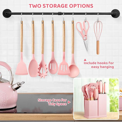 37 PCS Kitchen Utensils Set, Silicone Cooking Utensils Set with Kitchen Knife Set and Holder, Wooden Handle Kitchen Tool Set - Kitchenware Set (Pink)