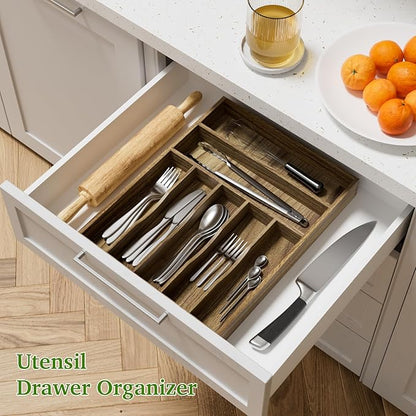 Acacia Wood Silverware Drawer Organizer, Kitchen Utensil Cutlery Drawer Organizer with Grooved Dividers, Flatware Organizer Silverware Tray Holder for Spoon, Fork, 13''x16.9'' (7 Slots)