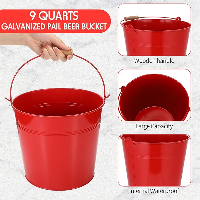 12 Pcs Large Galvanized Metal Buckets with Handle 10 Inch Heavy Duty Stainless Steel Pails Round Pail for Party Wedding, Crafts, Utensils, Table Centerpieces (Red)