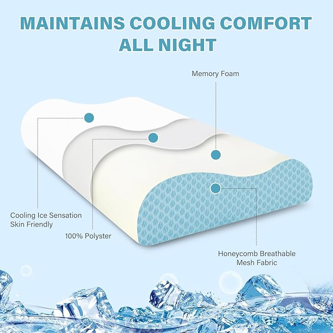 2 Pack Memory Foam Cooling Bed Pillows for Sleeping, Ergonomic Cervical Pillow for Neck and Shoulder Pain Relief, Adjustable Cold Pillow Set of 2,with Pillowcase（Blue）