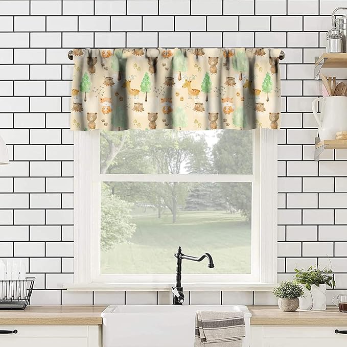 Woodland Animals Kitchen Curtain Valances, Watercolor Forest Animals Valances Set, Bear Deer Fox Wolf Set Hunting Kitchen Curtains Set for Kitchen Cafe Living Room Bedroom Decor 54x18 Inch, 1 Panel