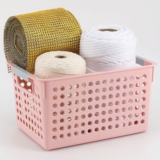 7 Pack 10.7 x 7.5 x 5.6 Inch Pink Plastic Storage Baskets, Stackable and Strong Decorative Woven Plastic Containers with Handles, Weaving Organizing Basket for Kitchen, Kids Room, Office