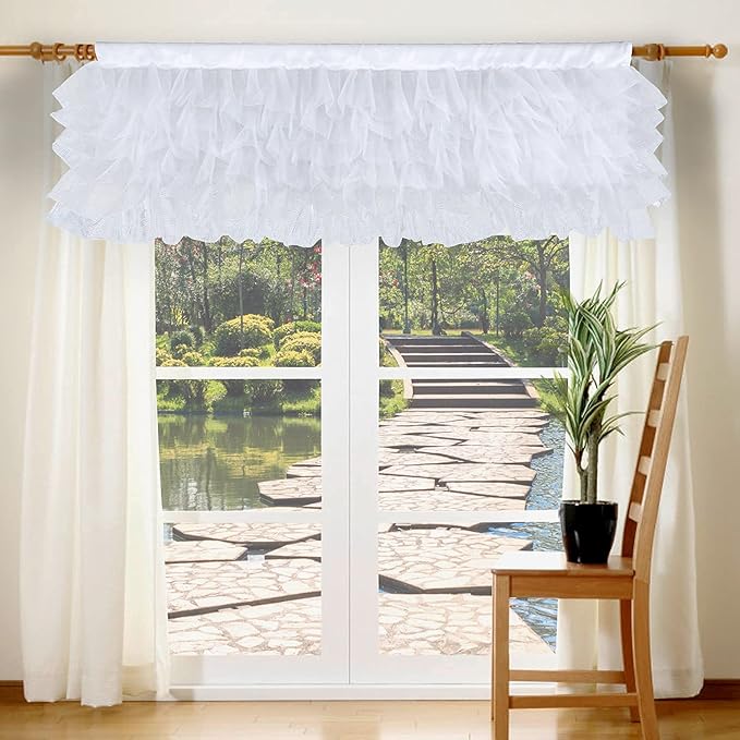 White Tulle Valance Ruffle Kitchen Valance for Bathroom Bedroom Coffee Shop Kids Nursery Room Window 52×16 inch