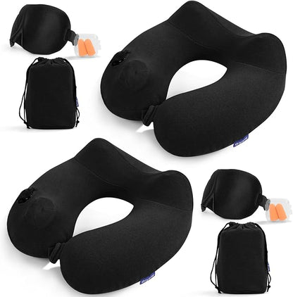 2 Pack Inflatable Travel Neck Pillow for Airplane, 360° Head Support Velvet Adult Neck Pillow for Long Flight, Removable Washable Cover, Kit with Eye Masks, Earplugs & Storage Bag, Black