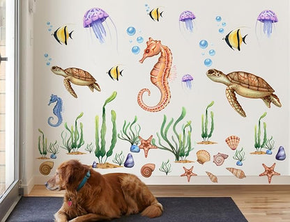 4 Sheets Ocean Animals Wall Decals Under The Sea World Wall Decals Removable DIY Turtles Seahorses Jellyfish Fish Seaweed Decor for Kids Bedroom Bathroom Living Room Playroom Kitchen Decoration