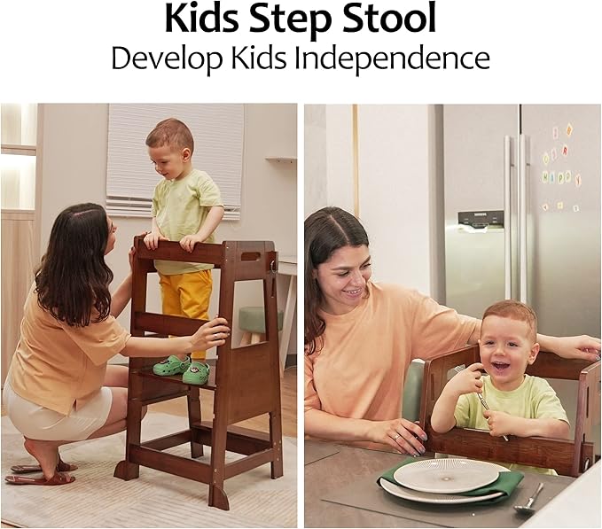 TOETOL Bamboo Toddler Kitchen Step Stool Helper Standing Tower Height Adjustable with Anti-Slip Protection