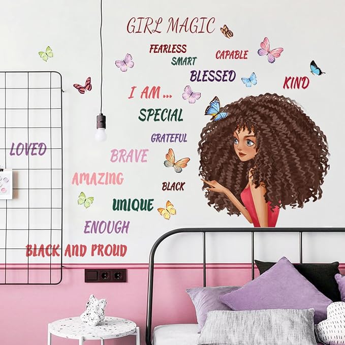 Black Girl Butterfly Wall Decals African Girl Inspirational Words Wall Stickers Inspirational Home Afro Kid Room Decoration Bedroom Playroom Art Gift