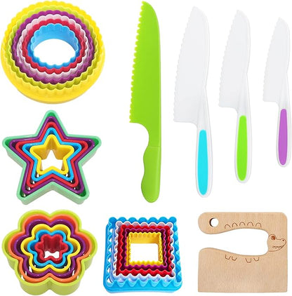 27 Pieces Wooden Kids Kitchen Knife and Cookie Cutter Set, Kid Safe Knives Cutting Veggies Fruits Include Wood Knife Serrated Edges Knives Sets Cookie Cutters for Toddler Kitchen