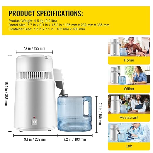 Vevor Pure Water Distiller 750W, Purifier Filter Fully Upgraded with Handle 1.1 Gal /4L, BPA Free Container, Perfect for Home Use, White