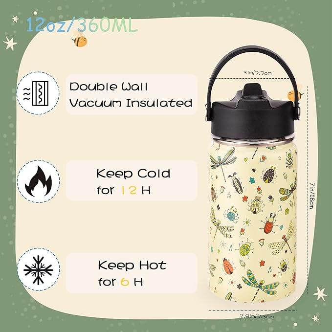 12oz Kids Insulated Water Bottle with Flip Straw & Big Handle, Dragonfly & Bugs, Double Wall 18/8 Stainless Steel, Leakproof Gift for Kids Boys Girls to School Travel Sports, Hands Wash Only, Yellow