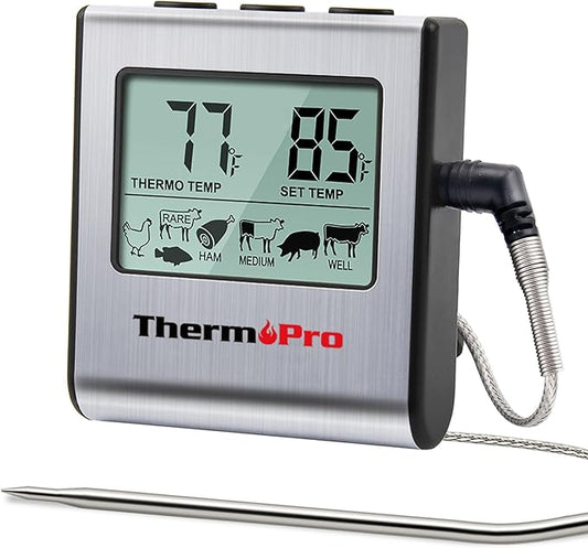 ThermoPro TP-16 Large LCD Digital Cooking Food Meat Smoker Oven Kitchen BBQ Grill Thermometer Clock Timer with Stainless Steel Probe