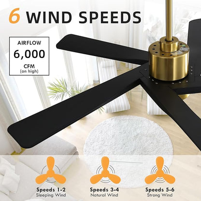 WINGBO 54" ABS DC Ceiling Fan with Lights, 5 Blade ABS Plastic Ceiling Fan with Remote, 6-Speed Reversible DC Motor, LED Ceiling Fan for Kitchen Bedroom Living Room, Brass and Matte Black