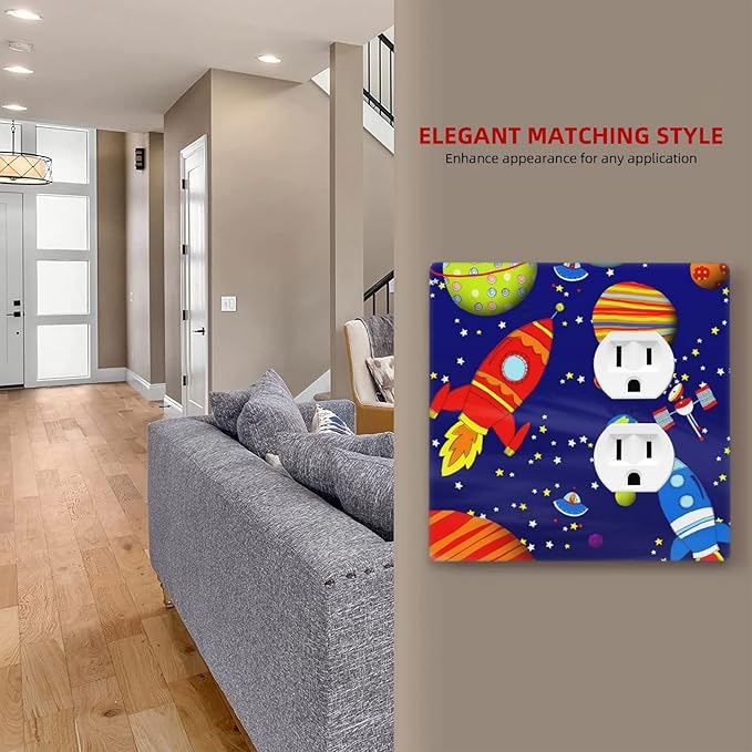 Space Astronaut Combo Single Blank 1 Duplex Outlet Switch Wall Plate Cover Decorative 2-Gang for Electrical Boys Kids Room Bathroom Bedroom Home Kitchen One Receptacle 4.5" x 4.6"