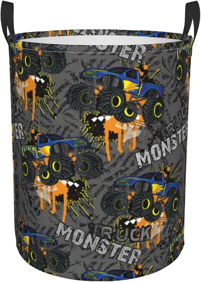 Monster Trucks Car Pattern Round Laundry Hamper Storage Basket Toys Clothes Organizer Bin For Home Bathroom Bedroom Dorm Nursery, 62l