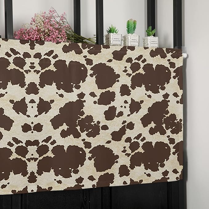 Vandarllin Brown Cowhide Cow Print Kitchen Curtains Valances for Windows Graffie Rod Pocket Window Treatment for Kitchen/Living Room/Bedroom/Bathroom,42" X 18" -1 Panel,