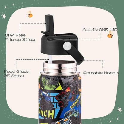 12oz Kids Insulated Water Bottle with Flip Straw & Big Handle, Monster Truck, Double Wall 18/8 Stainless Steel, Leakproof Gift for Kids Boys to School Travel Sports, Hands Wash Only, Black