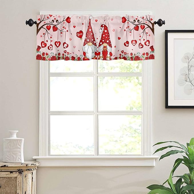 Vandarllin Valentines Day Decor Valances Kitchen Curtains for Windows, Valentine's Hearts Gnomes Love Tree Rod Pocket Valances Red Roses Short Curtains for Bedroom/Living Room,54" X 18" -1 Panel