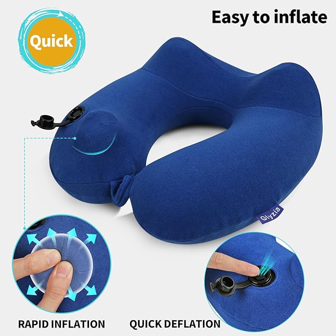 2 Pack Inflatable Travel Neck Pillow for Airplane, 360° Head Support Velvet Adult Neck Pillow for Long Flight, Removable Washable Cover, Kit with Eye Masks, Earplugs & Storage Bag, Navy Blue