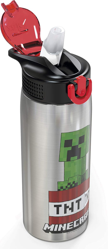 Zak Designs - MICI-V151 27oz Minecraft 18/8 Stainless Steel Water Bottle with Flip-up Straw Spout and Locking Spout Cover, Durable Cup for Sports or Travel (27oz, Minecraft Creeper)