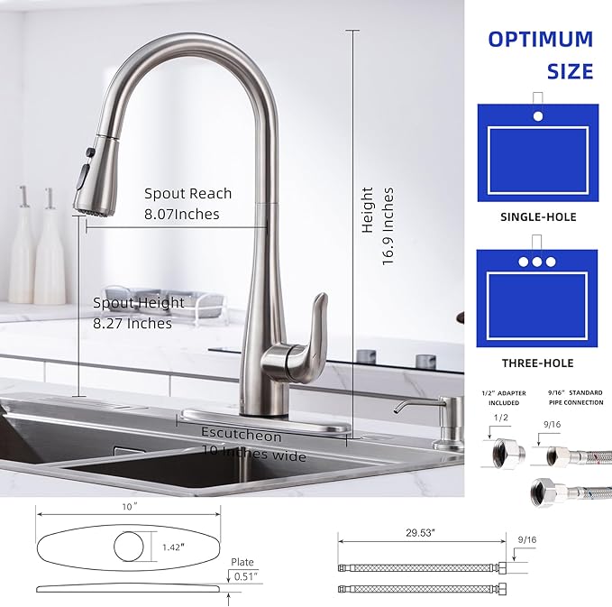 Touch on Kitchen Faucet with Soap Dispenser and Pull Down Sprayer - Single Handle Kitchen Sink Faucet, 1 or 3 Hole Design for Modern Farmhouse Kitchens, Rv, and Bar Sinks(Brushed Nickel)