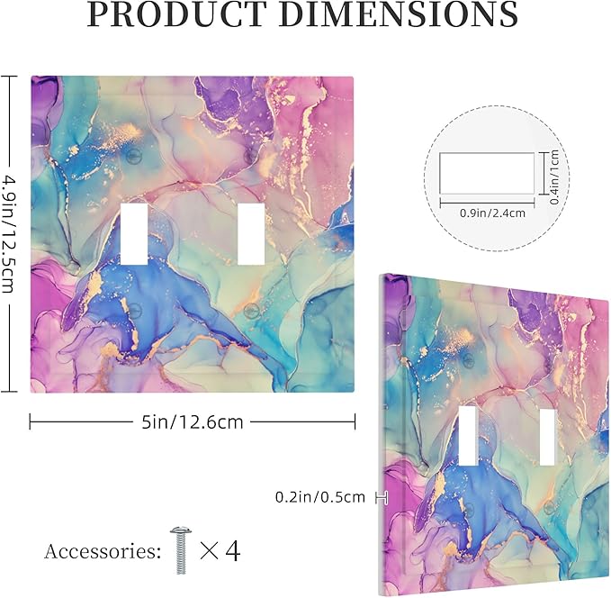 Abstract Multicolored Marble Double Toggle Light Switch Covers 2 Gang Wall Plate Dual Decorative Switchplate Electrical Faceplate for Bathroom Country Kitchen Bedroom Decor, 4.9" x 5"