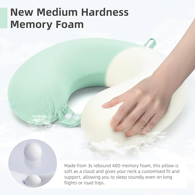 Travel Pillow, Cooling Neck Pillow Airplane Memory Foam with Sleep Mask Earplugs, Soft & Support Airplane Pillow for Travelling Plane Car Train Home Use, Light Green