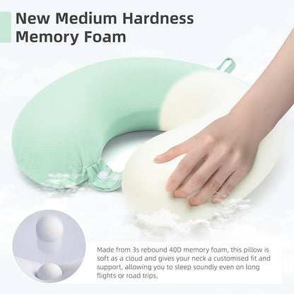 Travel Pillow, Cooling Neck Pillow Airplane Memory Foam with Sleep Mask Earplugs, Soft & Support Airplane Pillow for Travelling Plane Car Train Home Use, Light Green