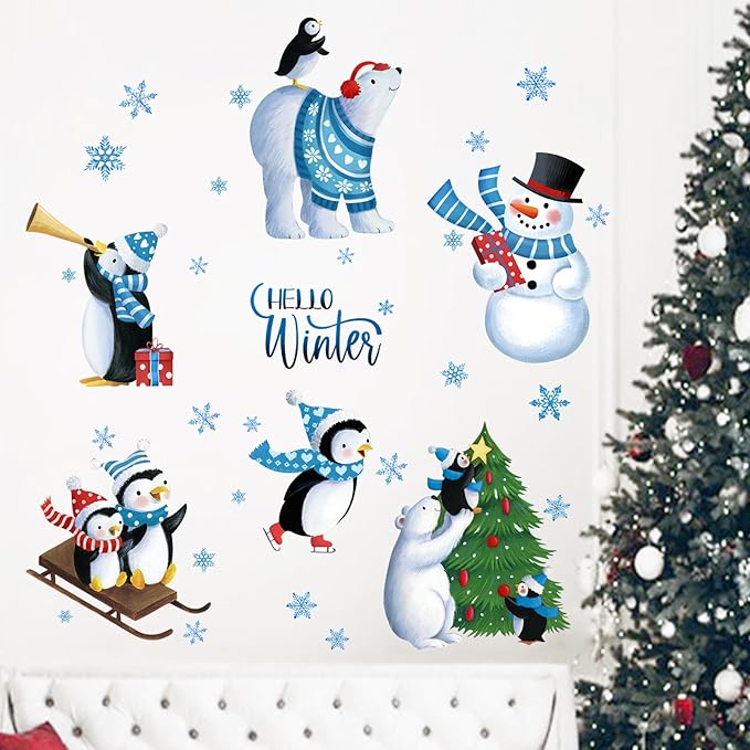 Yovkky Hello Winter Wall Decals Stickers, Christmas Tree Winter Bear Penguin Snowman Snowflakes Nursery Decorations Kids Bedroom Art, Xmas Baby Boys Girls Room Living Room Kitchen Holiday Decor Gift