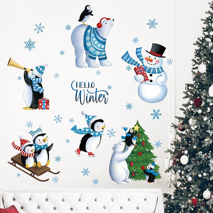 Yovkky Hello Winter Wall Decals Stickers, Christmas Tree Winter Bear Penguin Snowman Snowflakes Nursery Decorations Kids Bedroom Art, Xmas Baby Boys Girls Room Living Room Kitchen Holiday Decor Gift