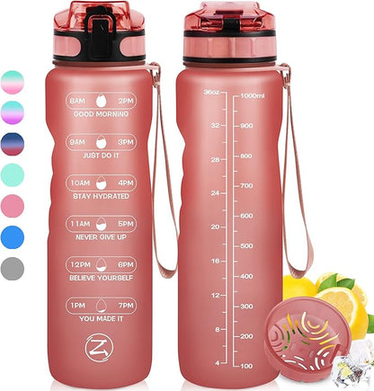 ZOMAKE 32oz Motivational Water Bottle with Times to Drink,Time Marker & Removable Strainer,Fast Flow,Leakproof Tritan BPA Free Non-Toxic Water Jug for Fitness,Gym,Sports…