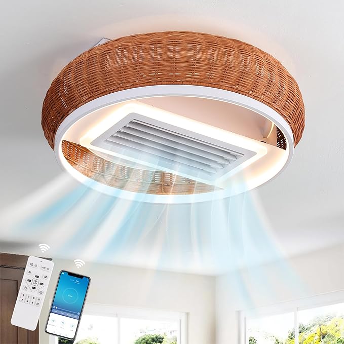 19.7'' Low Profile Ceiling Fans with Lights, Flush Mount Bladeless Ceiling Fan and Remote Control, Modern Ceiling Fan with Light,Quiet Reversible DC Motor Fan (Brown)