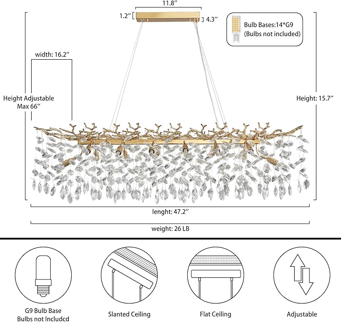 YUYI Modern Crystal Chandelier, 47.2" Gold Tree Branch Chandelier for Dining Room, Luxury Rectangular Chandeliers Ceiling Hanging Pendant Light Fixture for Living Room, Kitchen Island, 5 Year Warranty