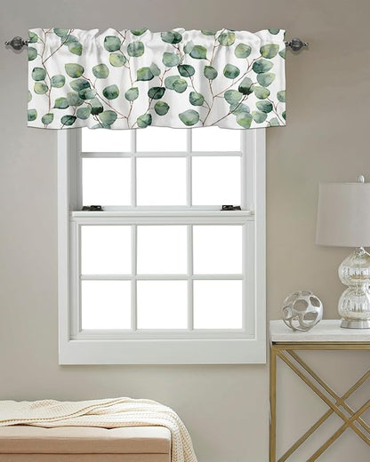 Vandarllin Watercolor Eucalyptus Vine Leaves Kitchen Curtains Valances for Windows Summer Green White Rod Pocket Window Treatment for Kitchen/Living Room/Bedroom/Bathroom,60" X 18" -1 Panel,