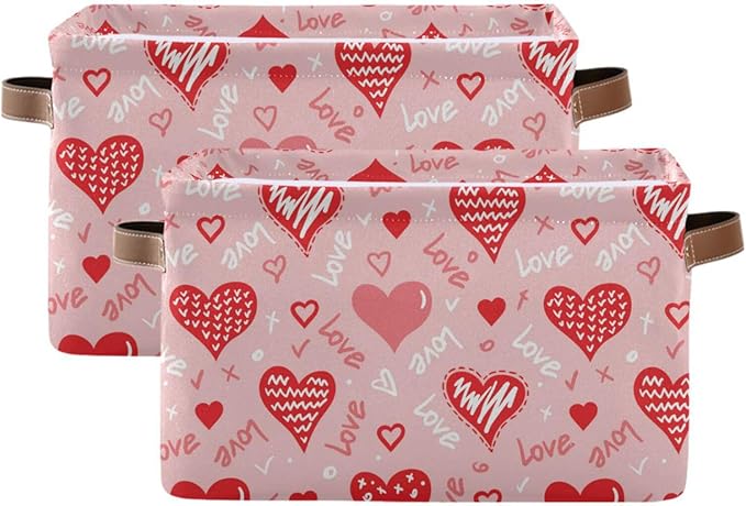 Wamika Pink Love Heart Storage Basket Fabric Kitchen Baskets Happy Valentine's Mother's Day Open Home Storage Bins Boxes Foldable Organizer Bag Cloth Toy Book Shelf Closet Baskets 16×12×8 Inches