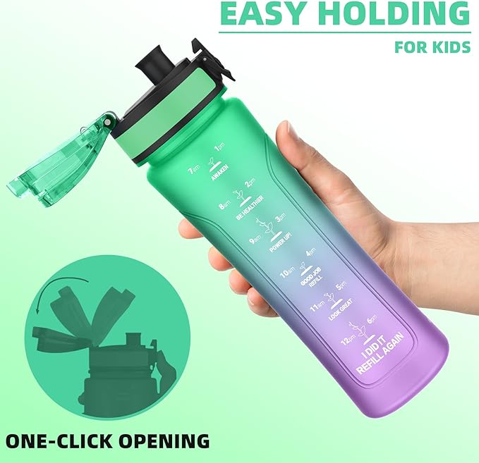 15oz Kids Sports Water Bottles for School with Spout Lid (Green Purple)