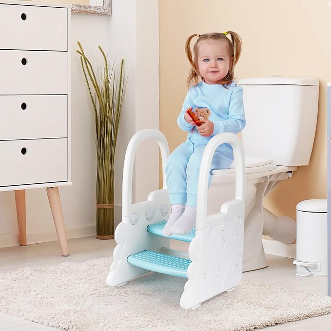 Toddler Step Stool for Bathroom Sink, Two Step Stool with Handles for Kids, Toilet Stool Potty Training, Plastic Ladder Toddler Helper Stool for Bedroom, Anti-Slip Stool for Kitchen Counter Blue