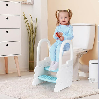 Toddler Step Stool for Bathroom Sink, Two Step Stool with Handles for Kids, Toilet Stool Potty Training, Plastic Ladder Toddler Helper Stool for Bedroom, Anti-Slip Stool for Kitchen Counter Blue