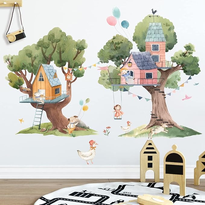 2 PCS Cartoon Tree Wall Stickers House Wall Decals DIY Removable 3D Forest Wall Stickers for Kids Girls Boys Bedroom Nursery Classroom Bathroom Kitchen Playroom Living Room Home Decoration (B)