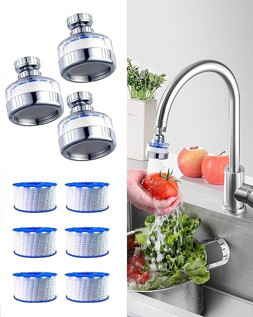 3Pack Sink Filter Water Faucet,360 ° Rotating Bathroom Sink Faucet Filter,Kitchen Tap Water Filter,Removes Heavy Metals Hard Water with 6 Replacement Filter