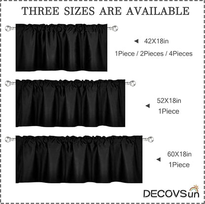 4 Panels Black Valance for Windows 42x18 Inch Solid Thermal Insulated Blackout Rod Pocket Kitchen Short Curtain Toppers Valance for Bathroom Living Room