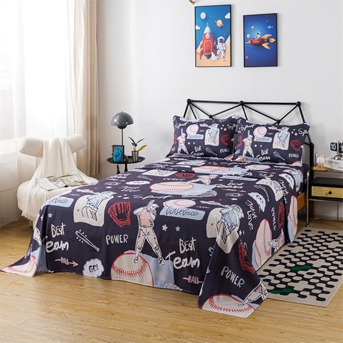 qjmiaofang Baseball Sheets Full Size Kids Sports Sheets 4Pieces Baseball Bed Sheets for Boys Teens Baseball Player Bed Set with 1 Fitted Sheet 1 Flat Sheet and 2 Pillowcases for Home Decor