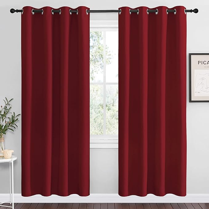 NICETOWN Christmas Blackout Curtain Panel Grommet - Home Decorations Thermal Insulated Solid Grommet Top Blackout Living Room Panels/Drapes for Gift (Burgundy Red, 1 Pair, 55 x 78-Inch)