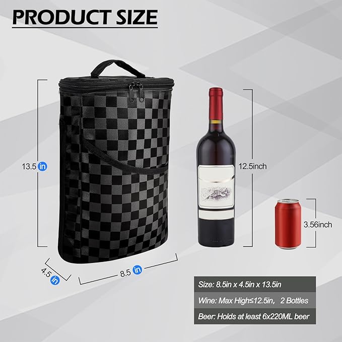 2 Bottle Wine Cooler Bag, Leakproof Insulated Padded Wine Gift Tote Carrier with Handle and Adjustable Shoulder Strap, for Travel, Wine Tasting, Party, Christmas Gift for Wine Lover - Square