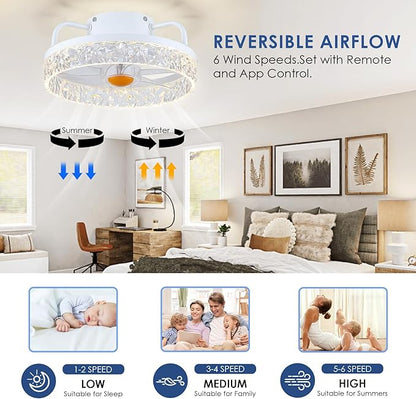 13In Flush Mount Ceiling Fans - White Bladeless Ceiling Fan with Lights and Remote Control, 3CCT Dimmable and Reversible, Small Low Profile Ceiling Fan Light for Modern Indoor Bedroom