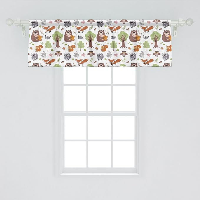 Ambesonne Forest Window Valance, Doodle Woodland Creatures as Honey Bear Rabbit Fox and Raccoon in Nature Habitat, Curtain Valance for Kitchen Bedroom Decor with Rod Pocket, 42" x 18", Multicolor