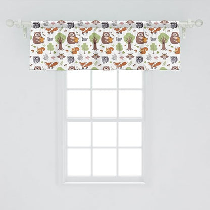 Ambesonne Forest Window Valance, Doodle Woodland Creatures as Honey Bear Rabbit Fox and Raccoon in Nature Habitat, Curtain Valance for Kitchen Bedroom Decor with Rod Pocket, 42" x 18", Multicolor