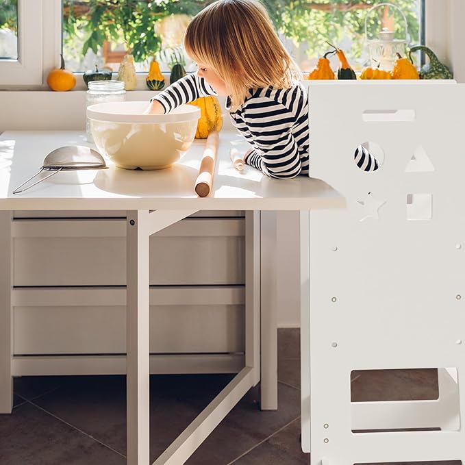 Toddler Kitchen Stool Helper, Kitchen Step Stool for Kids with Safe Rail, Baby Adjustable Learning Standing Tower for Kitchen Counter & Bathroom Sink(White)