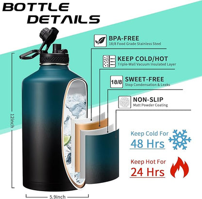 1 Gallon Water Bottle Stainless Steel - 128oz Insulated Flask with Sleeve Strap, Big Water Jug with Straw & Spout Lid, Gym Camping Gallon Water Bottle w/ Paracord Handle, protective Boot