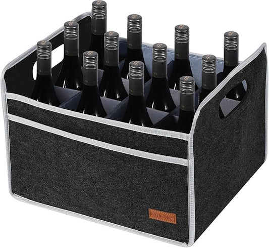 12 Bottle Wine Carrier, Thicken Felt Wine Carry Case Collapsible Wine Bottle Storage Box Liquor Bottle Tote with Handles for Travel, Party, Picnic (Dark Gray)